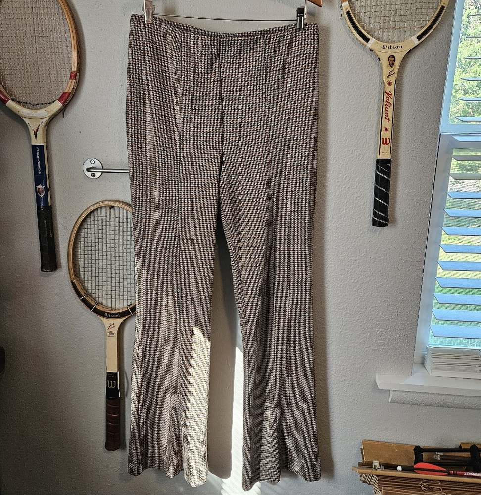 Stretchy Houndstooth Patterned Fit And Flare Wide Leg Plaid Pants Large